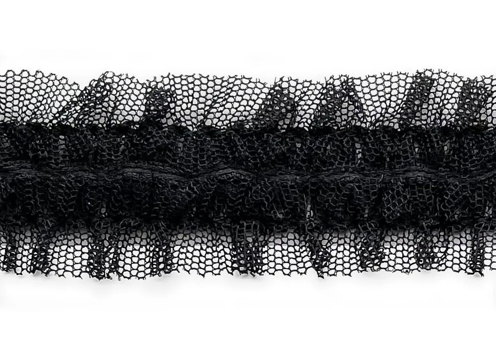 1 1/4" Elegant Black Ruffled Tulle Braided Trim (Made in France)