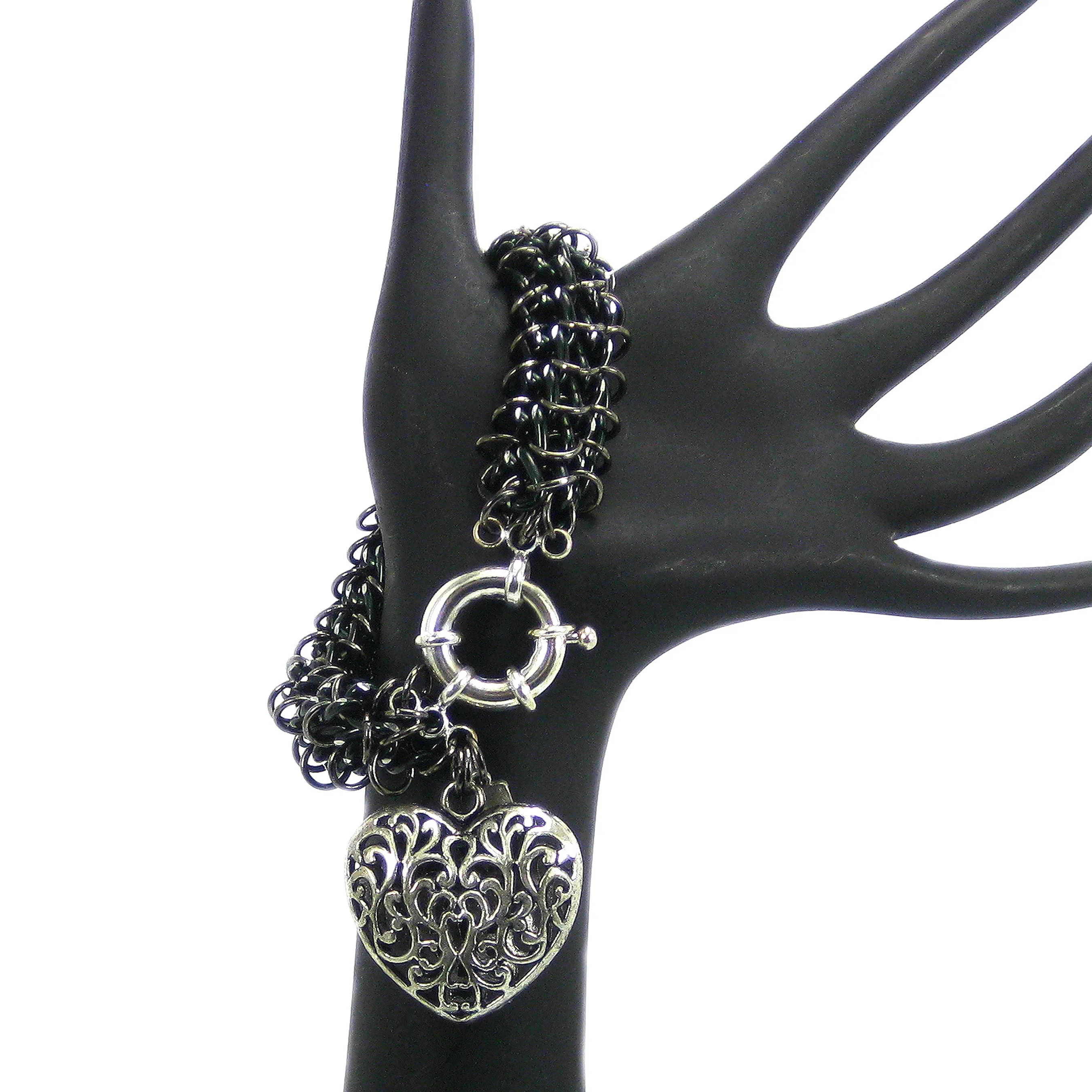 #105b Black/Silver Chain Mail Rope Bracelet With Filigree Heart