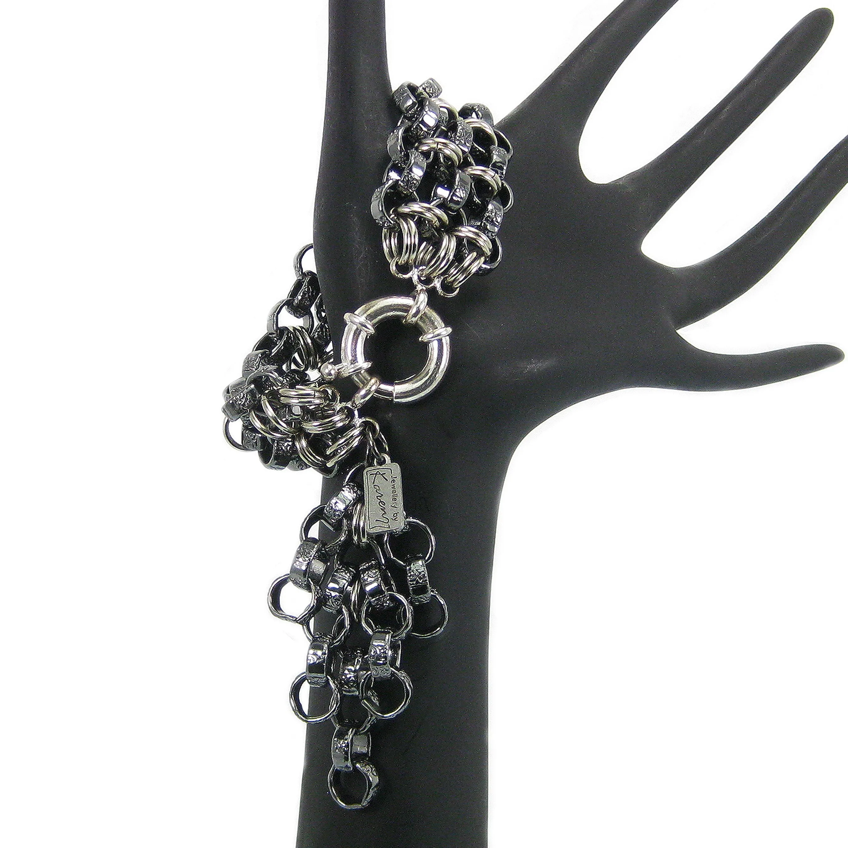 #114b Gunmetal & Silver Tone Chain Mail Bracelet With Tassel