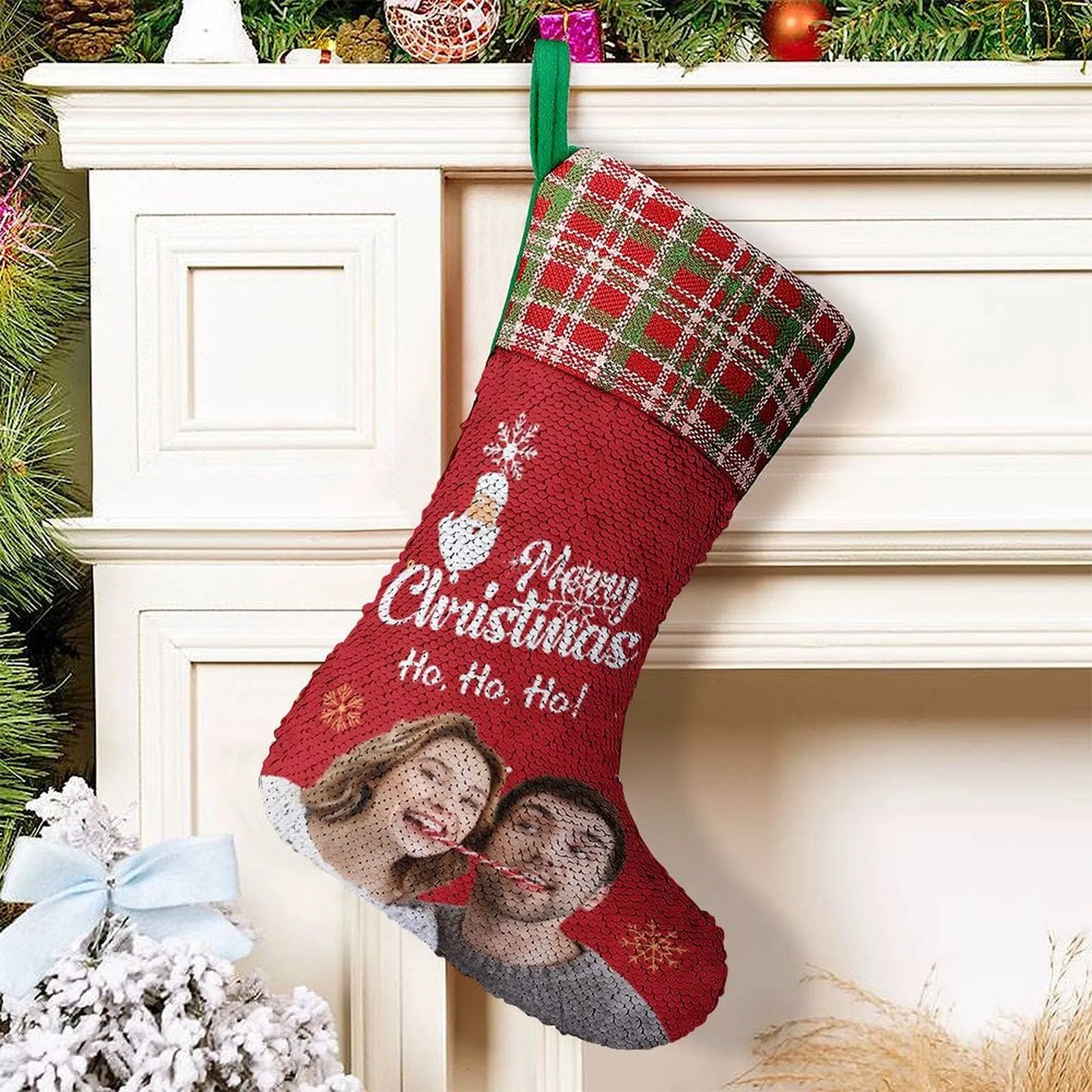 16.5in(L) Super Size-Custom Photo Couple Red Background Merry Christmas Socks Flip Sequins Christmas Stocking