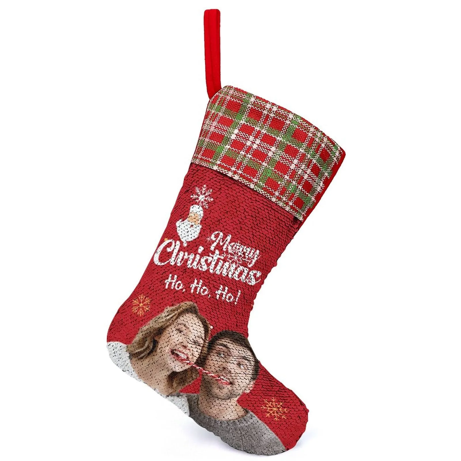 16.5in(L) Super Size-Custom Photo Couple Red Background Merry Christmas Socks Flip Sequins Christmas Stocking