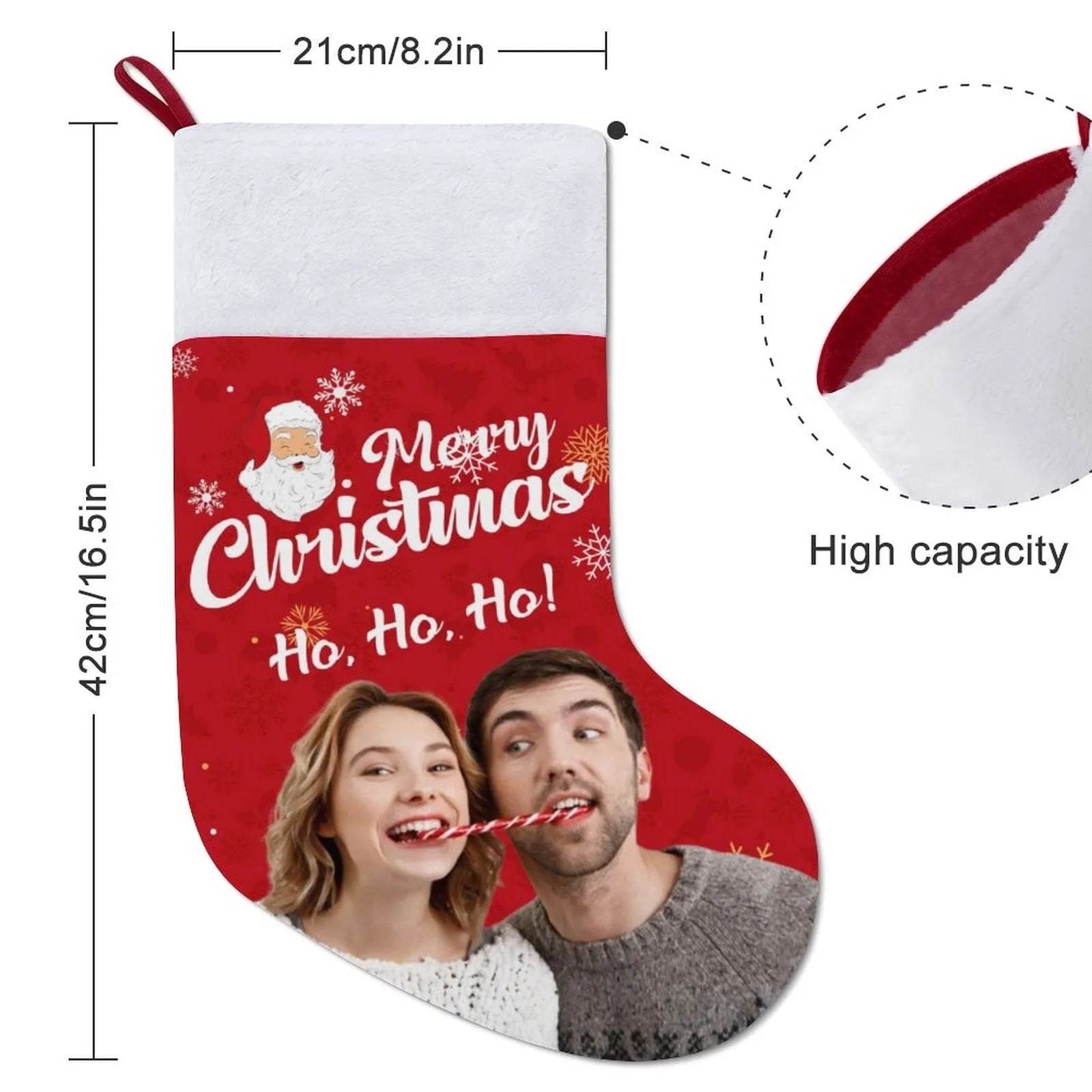 16.5in(L) Super Size-Custom Photo Couple Red Background Merry Christmas Socks Flip Sequins Christmas Stocking