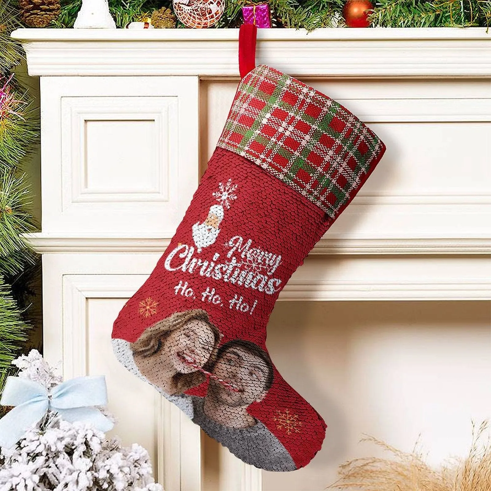 16.5in(L) Super Size-Custom Photo Couple Red Background Merry Christmas Socks Flip Sequins Christmas Stocking