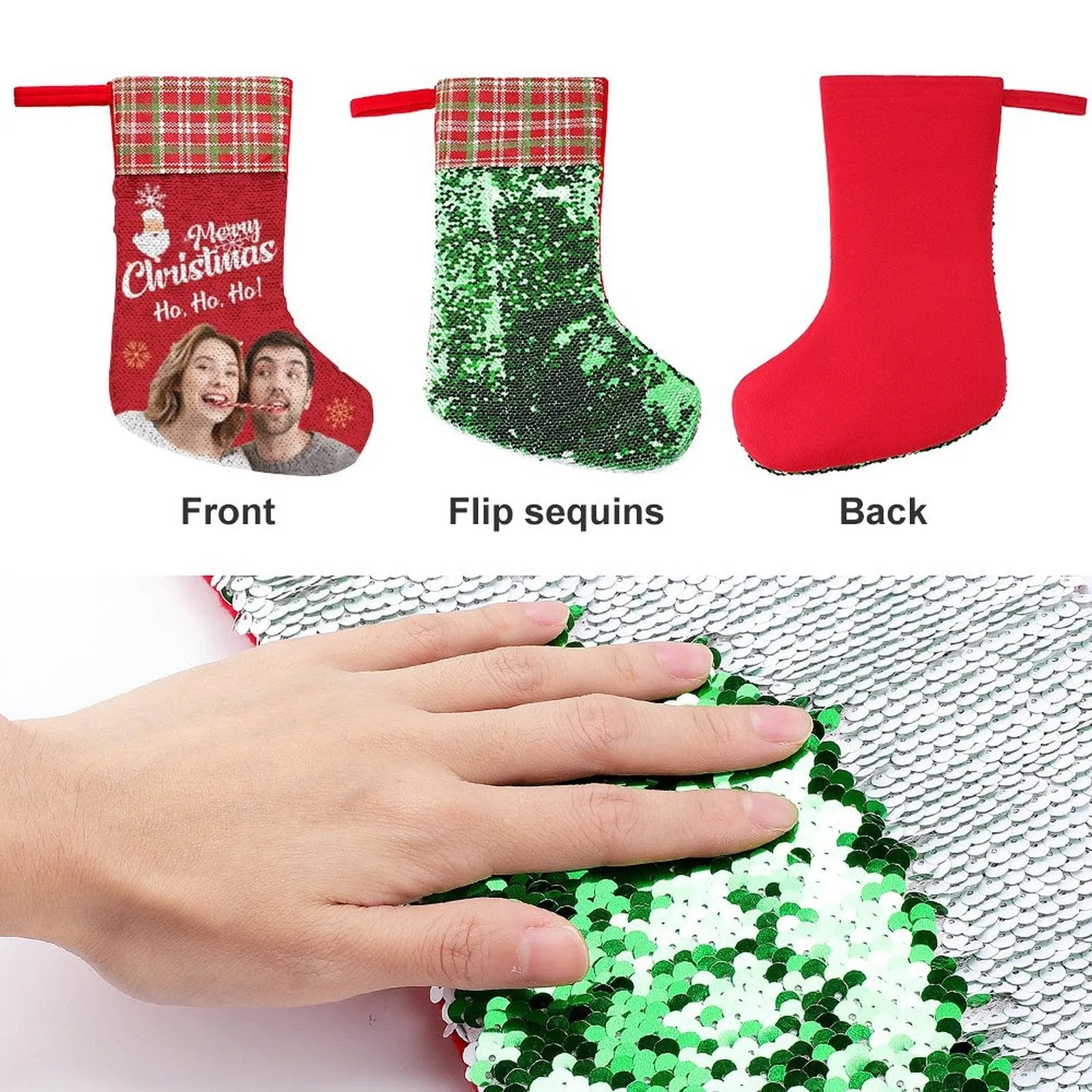 16.5in(L) Super Size-Custom Photo Couple Red Background Merry Christmas Socks Flip Sequins Christmas Stocking