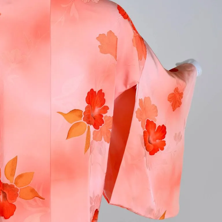 1930's Haori Kimono Orange Hibiscus Flower Print On Peach Silk