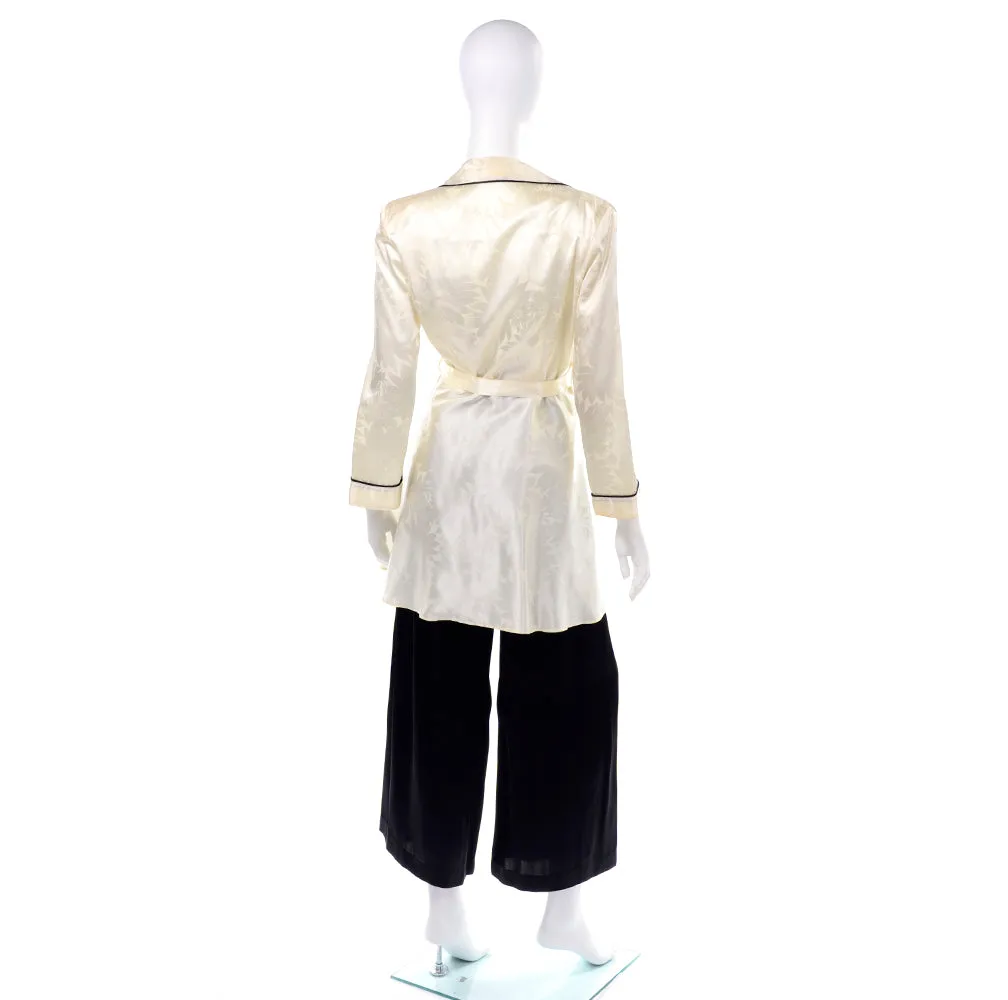 1940's Ivory Botanical Silk Jacket w/ Black Wide Leg Pants