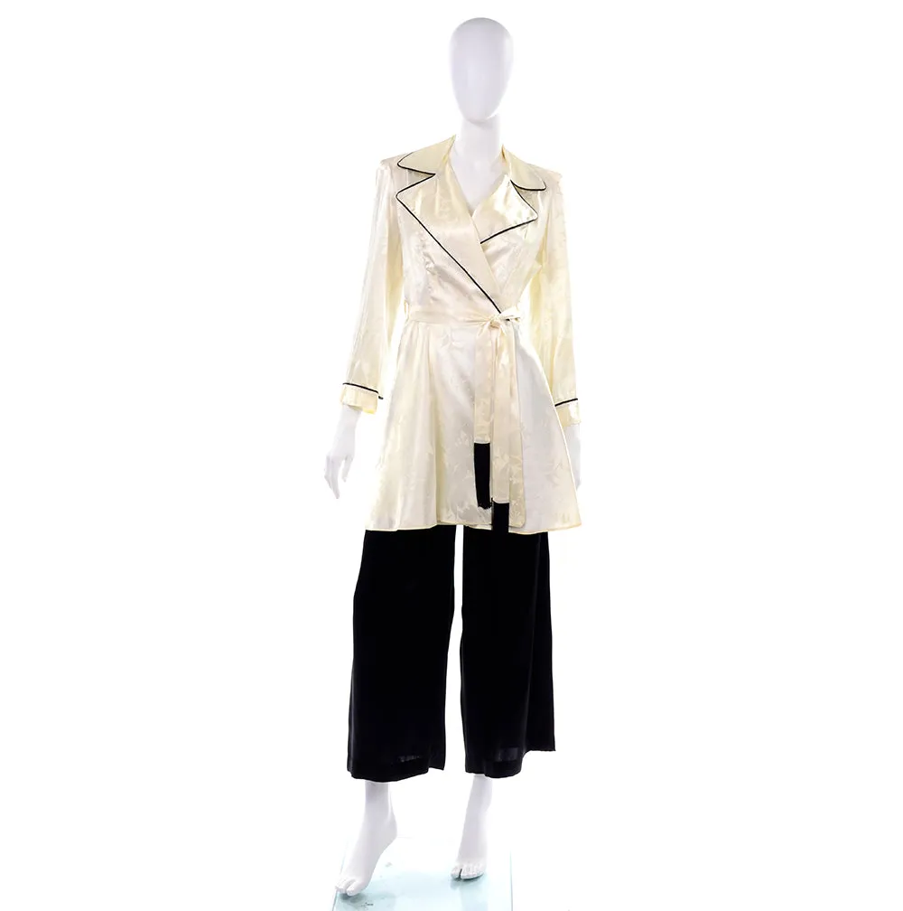 1940's Ivory Botanical Silk Jacket w/ Black Wide Leg Pants