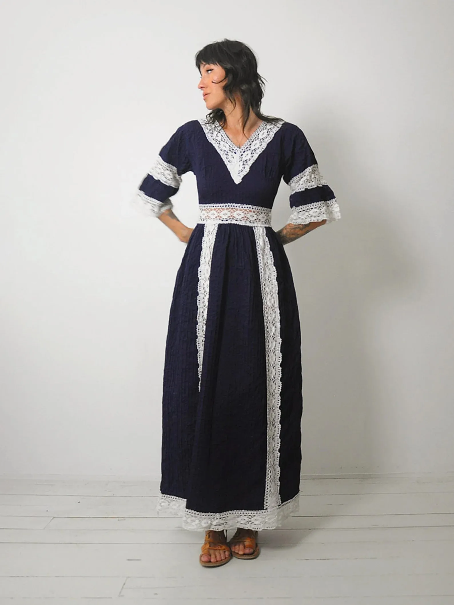 1970's Navy Crochet Pintuck Dress