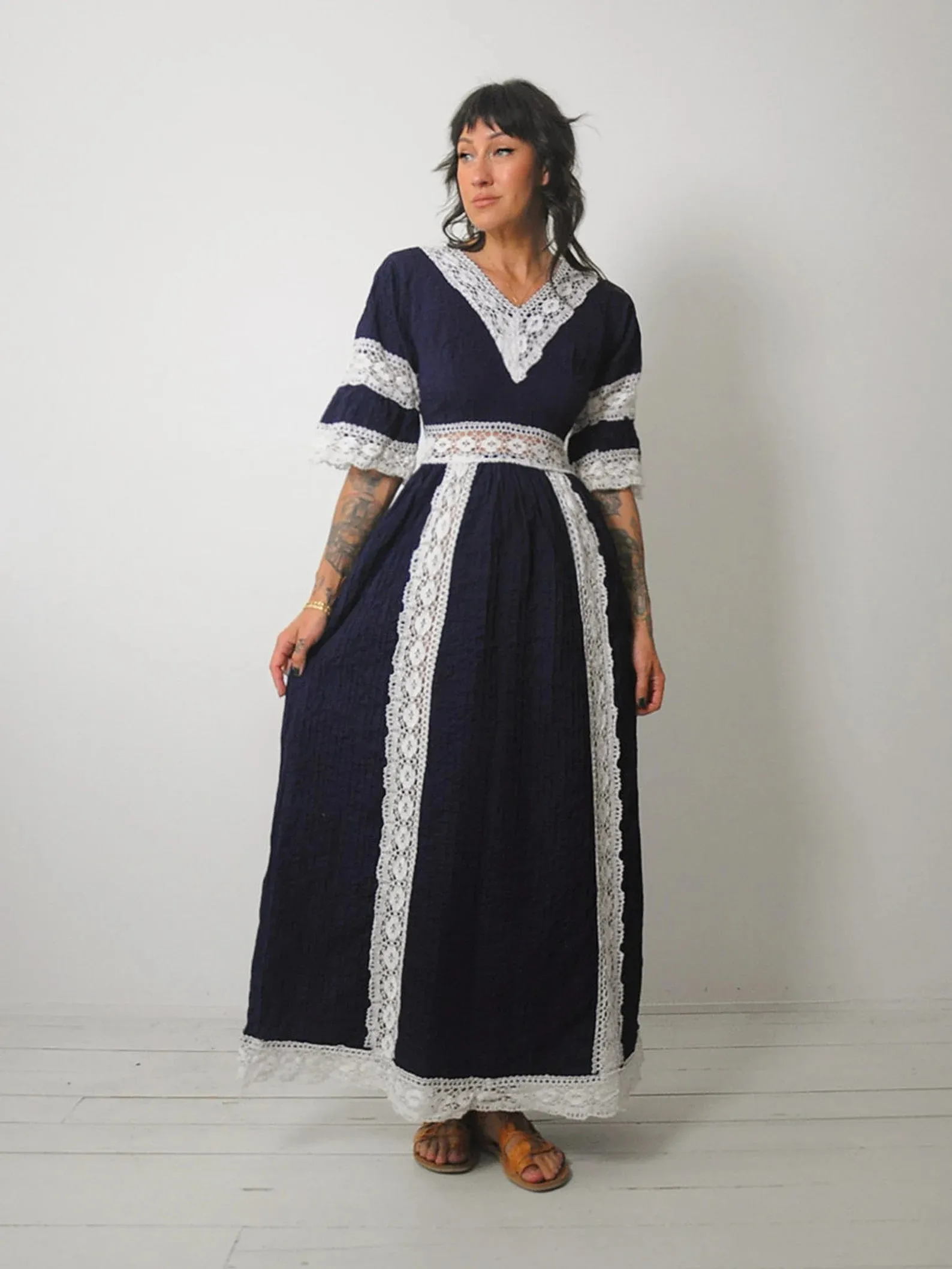 1970's Navy Crochet Pintuck Dress