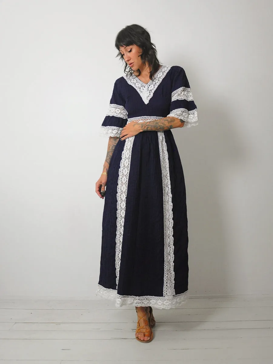 1970's Navy Crochet Pintuck Dress