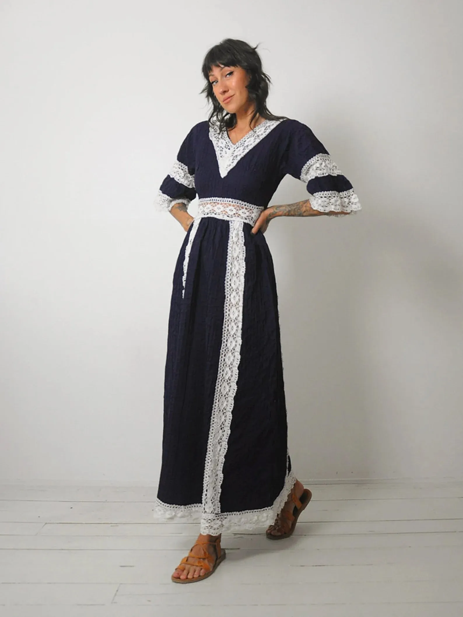 1970's Navy Crochet Pintuck Dress