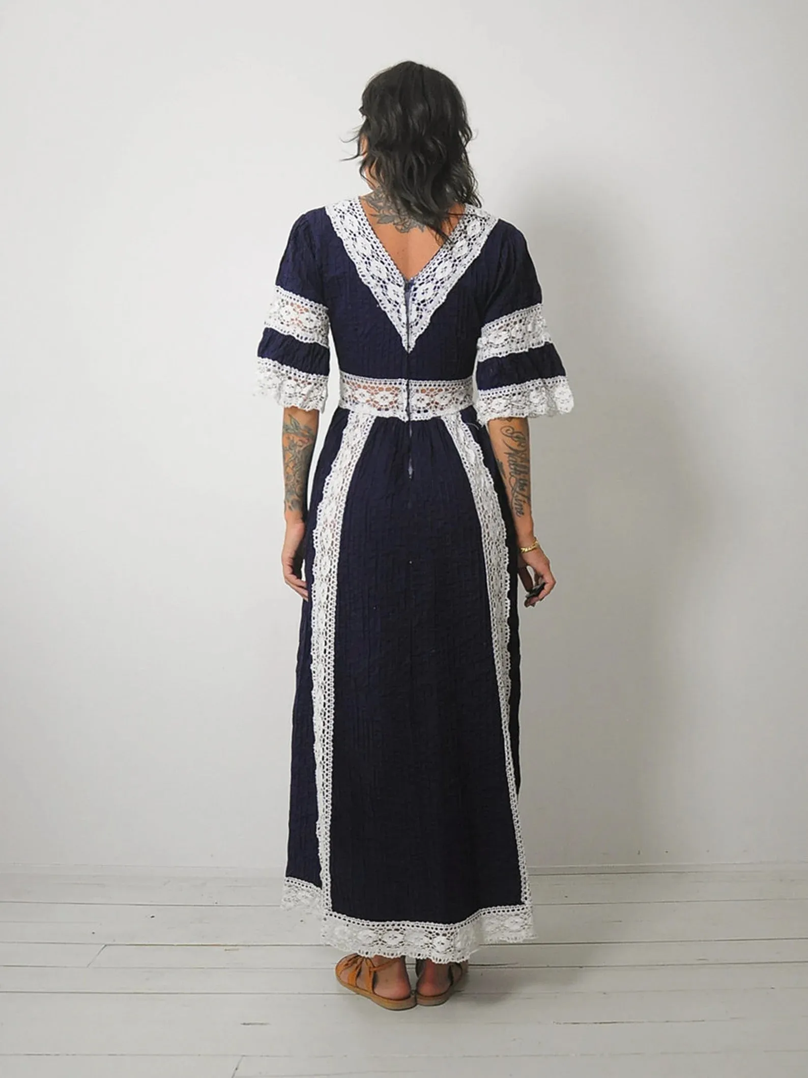 1970's Navy Crochet Pintuck Dress