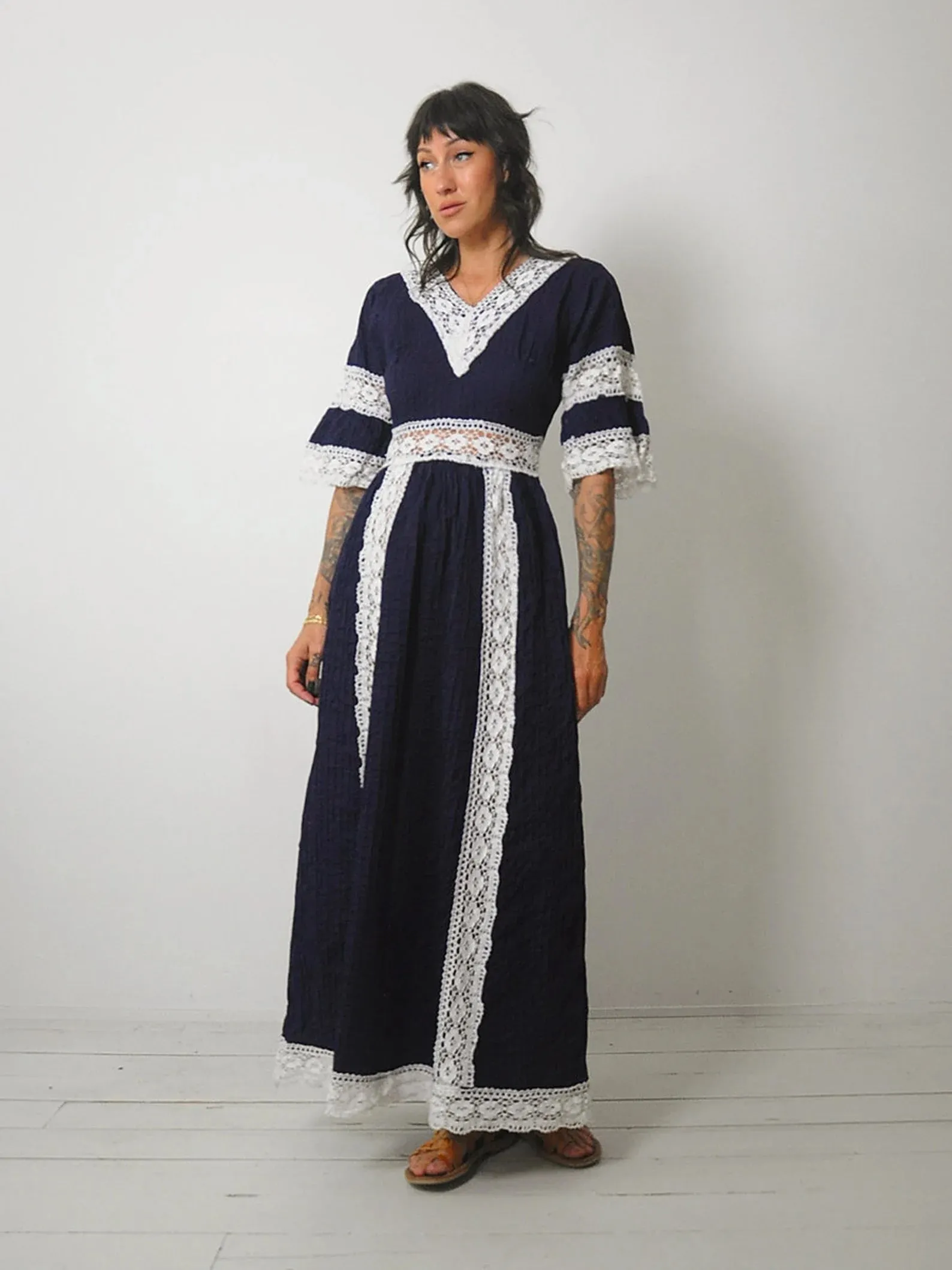 1970's Navy Crochet Pintuck Dress