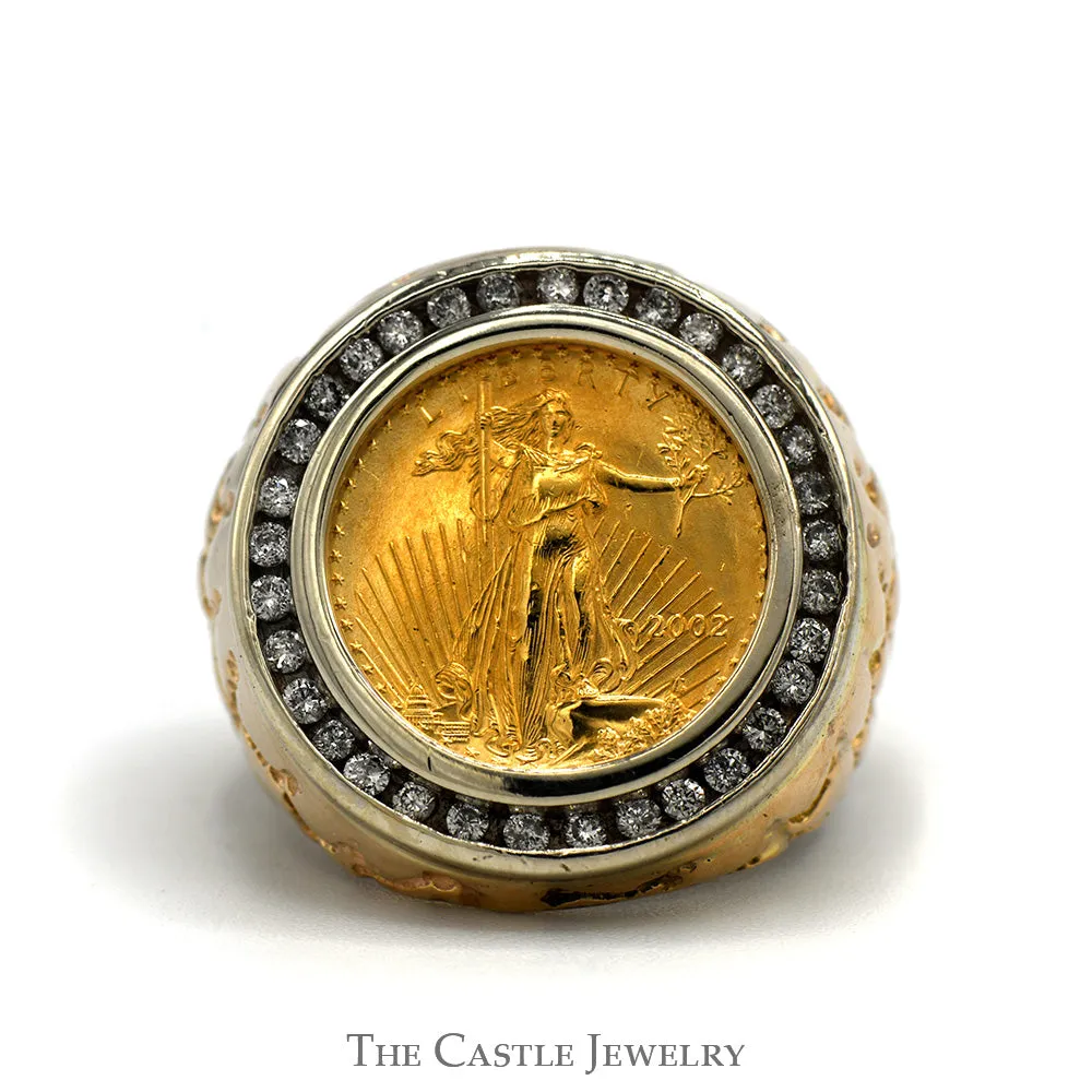 2002 Liberty Coin Ring with 1/2cttw Diamond Bezel and Textured Nugget Sides in 14k Yellow Gold