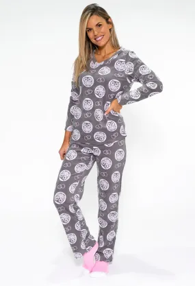 3 piece microfleece owl print pyjama set with plush socks