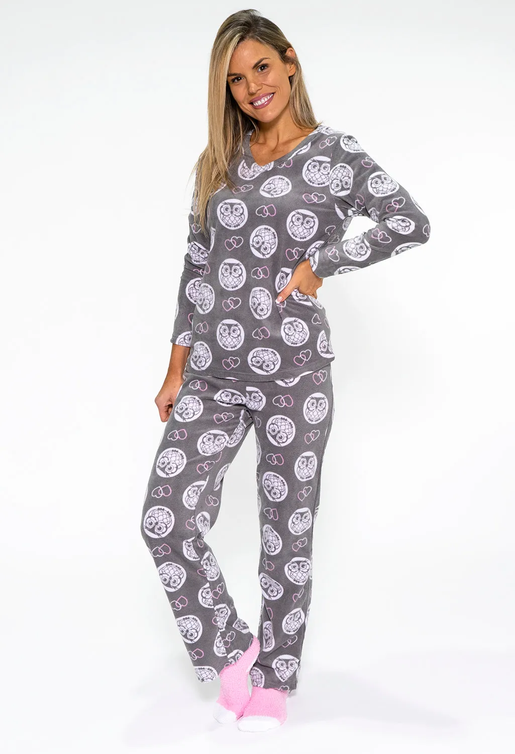 3 piece microfleece owl print pyjama set with plush socks