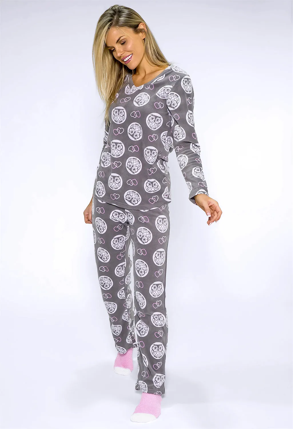 3 piece microfleece owl print pyjama set with plush socks