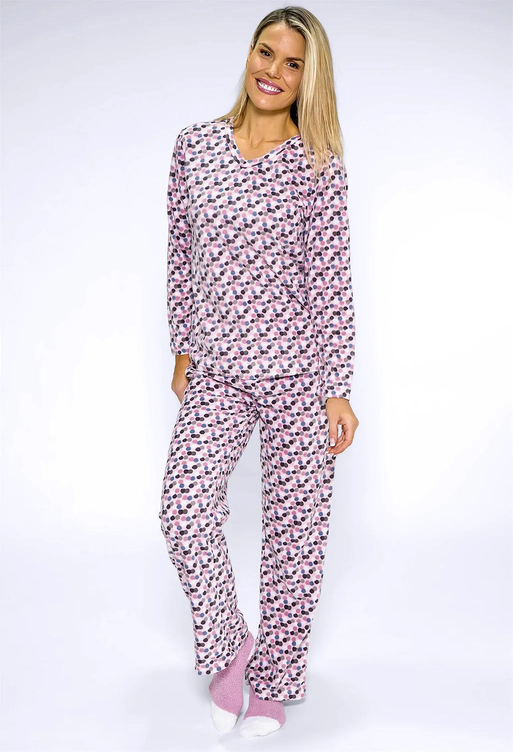 3 piece microfleece polka dot print pyjama set with plush socks