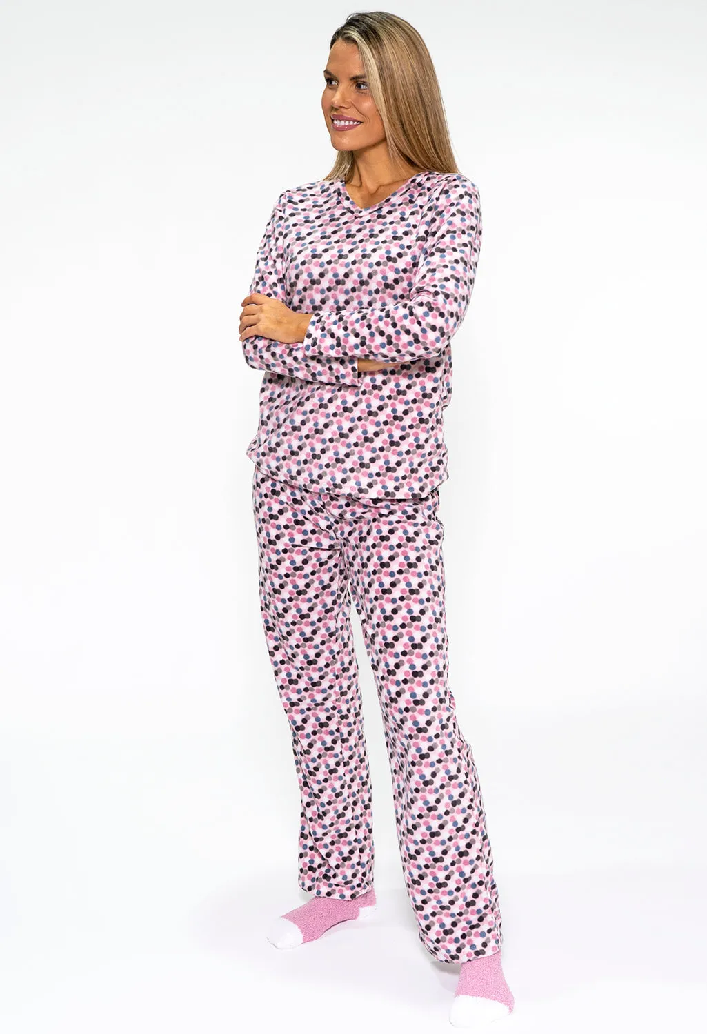 3 piece microfleece polka dot print pyjama set with plush socks