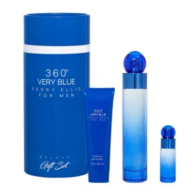 360 Very Blue Deluxe  3 pcs. Gift Set (3.4 oz. / 100 ml EDT Spray   .25 oz. / 7.5 ml EDT Spray   3.0 oz / 90 ml S/ Gel.