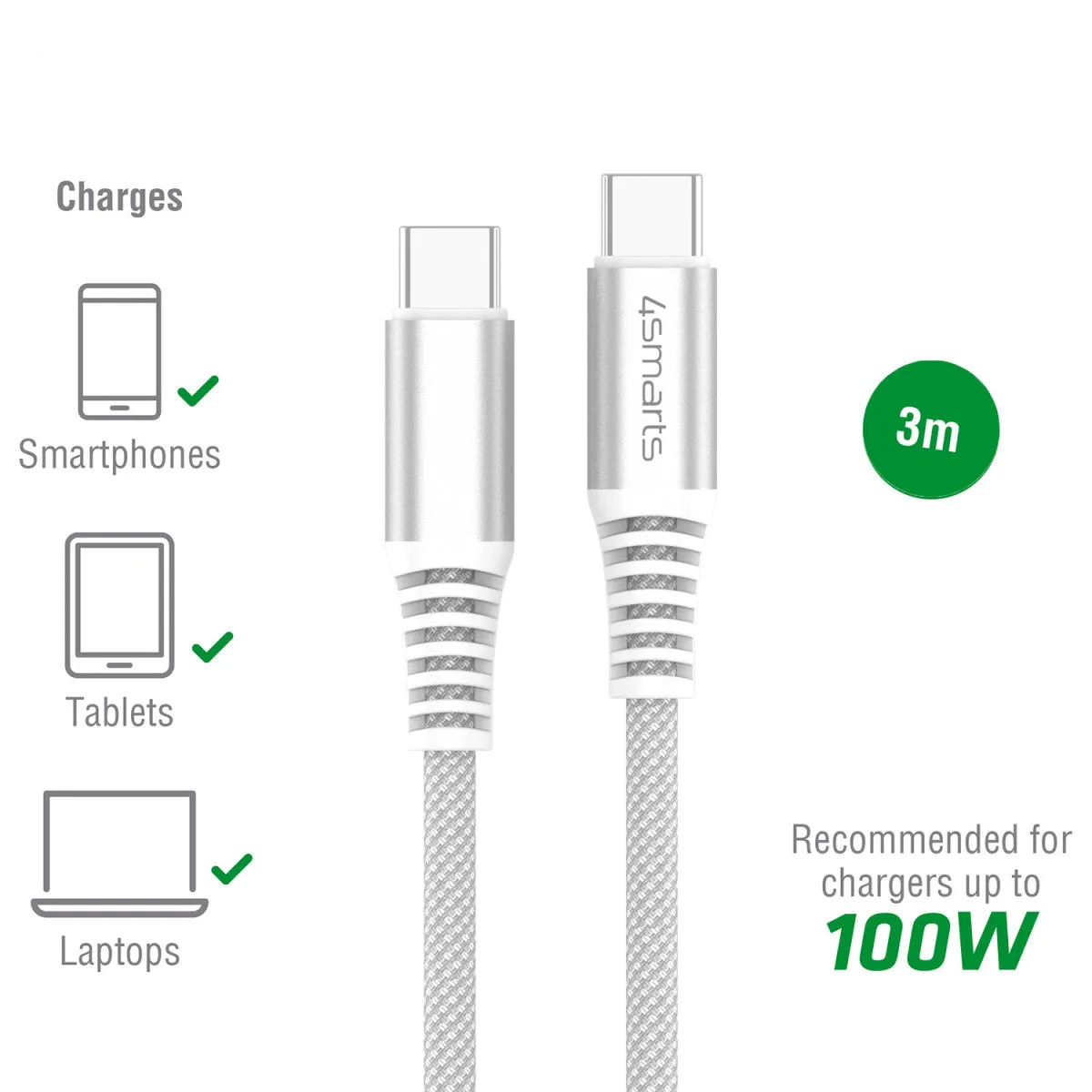 4smarts RapidCord PD 100W USB-C til USB-C Kabel 3 m. - Hvid