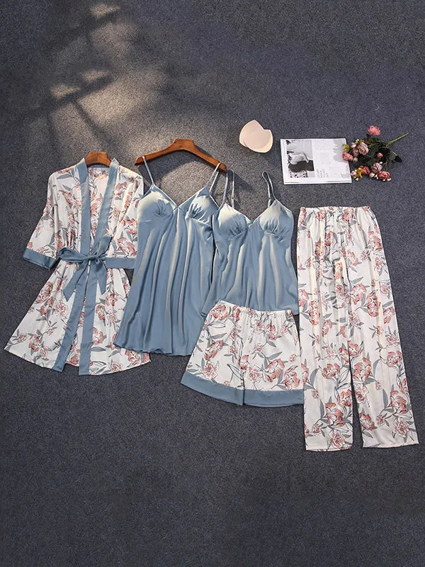 5pcs Floral Print Satin Pajamas