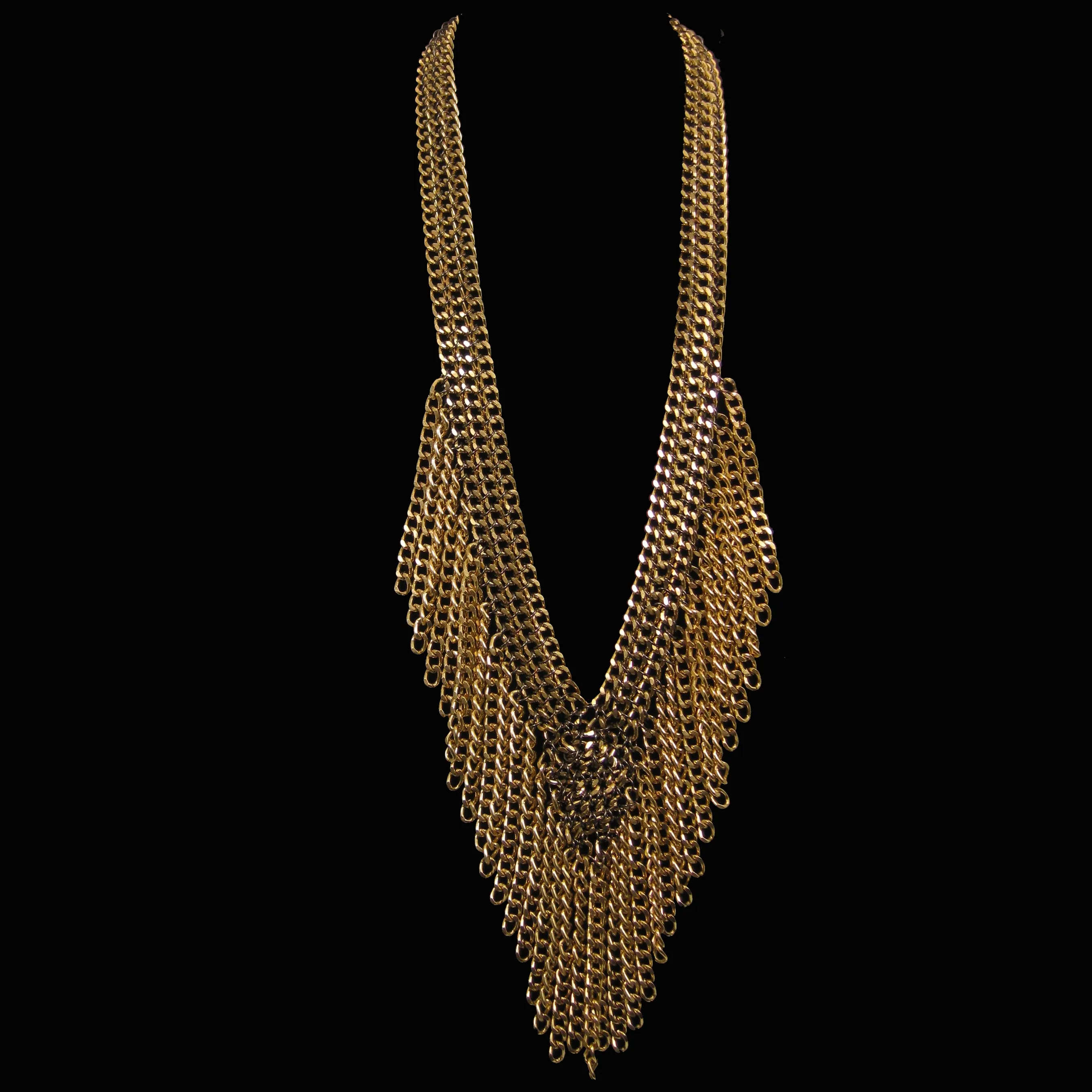 #979n Gold Tone Chain Long Fringed Bib Necklace