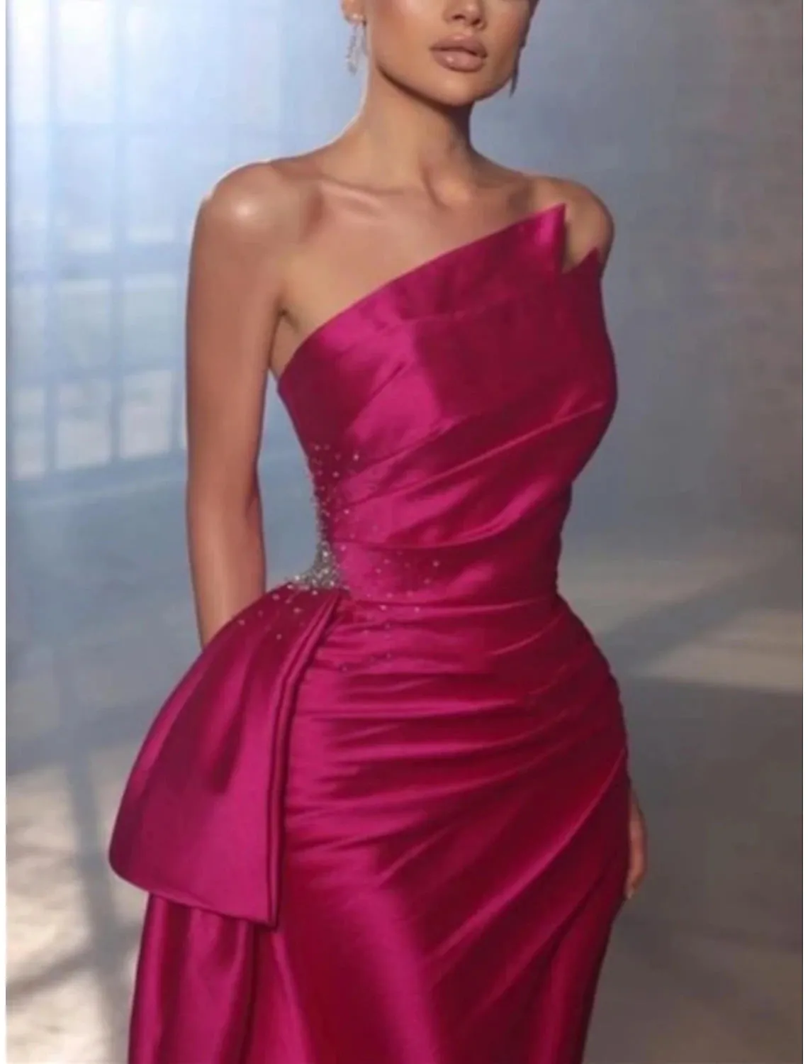 A-Line Evening Gown Elegant Dress Formal Court Train Sleeveless Strapless Satin with Pleats Ruched Sequin