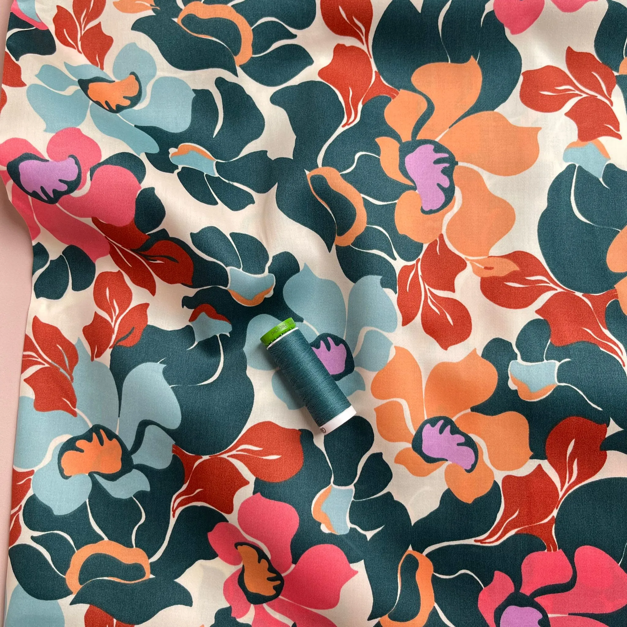 Abstract Coral and Blue Blooms Cotton Sateen Fabric