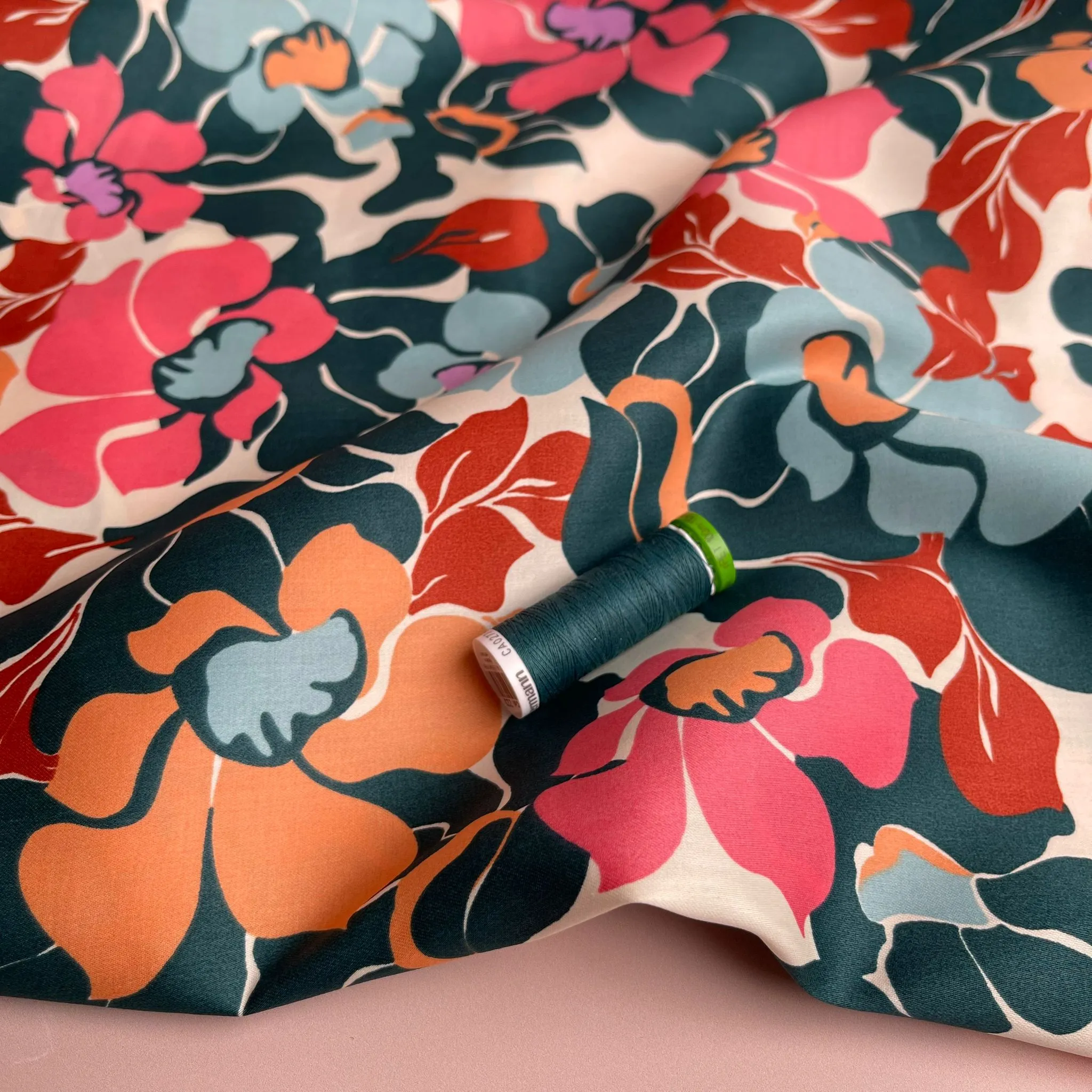 Abstract Coral and Blue Blooms Cotton Sateen Fabric