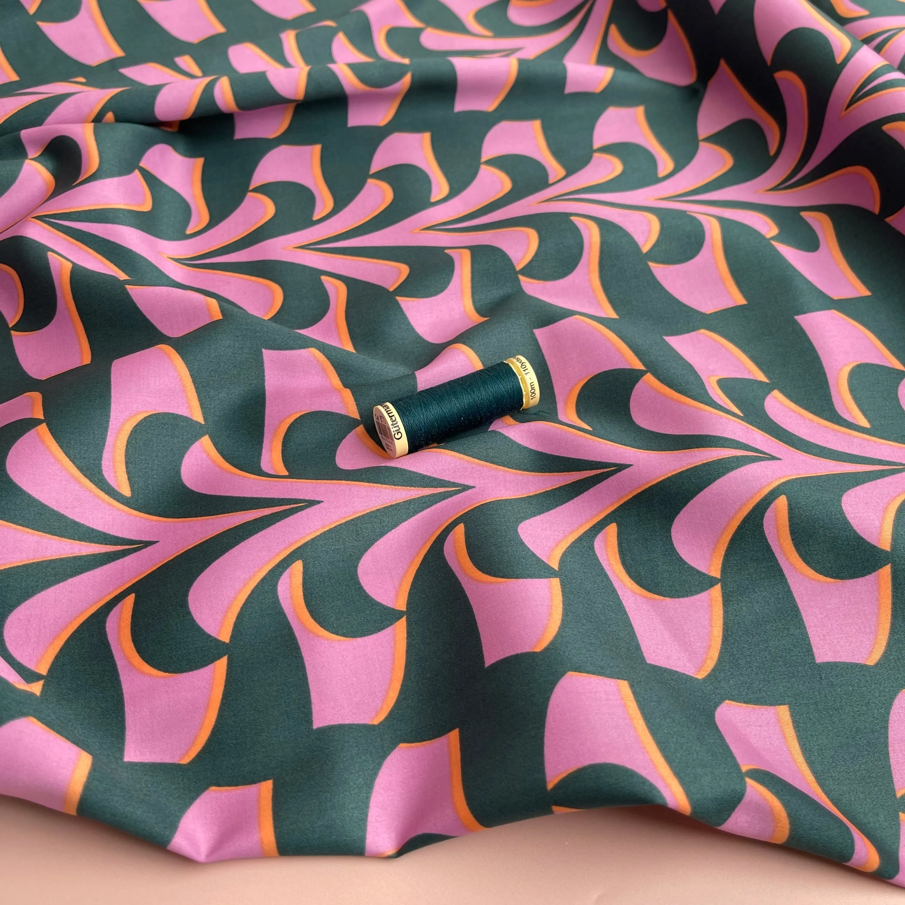 Abstract Green and Lilac Cotton Sateen Fabric