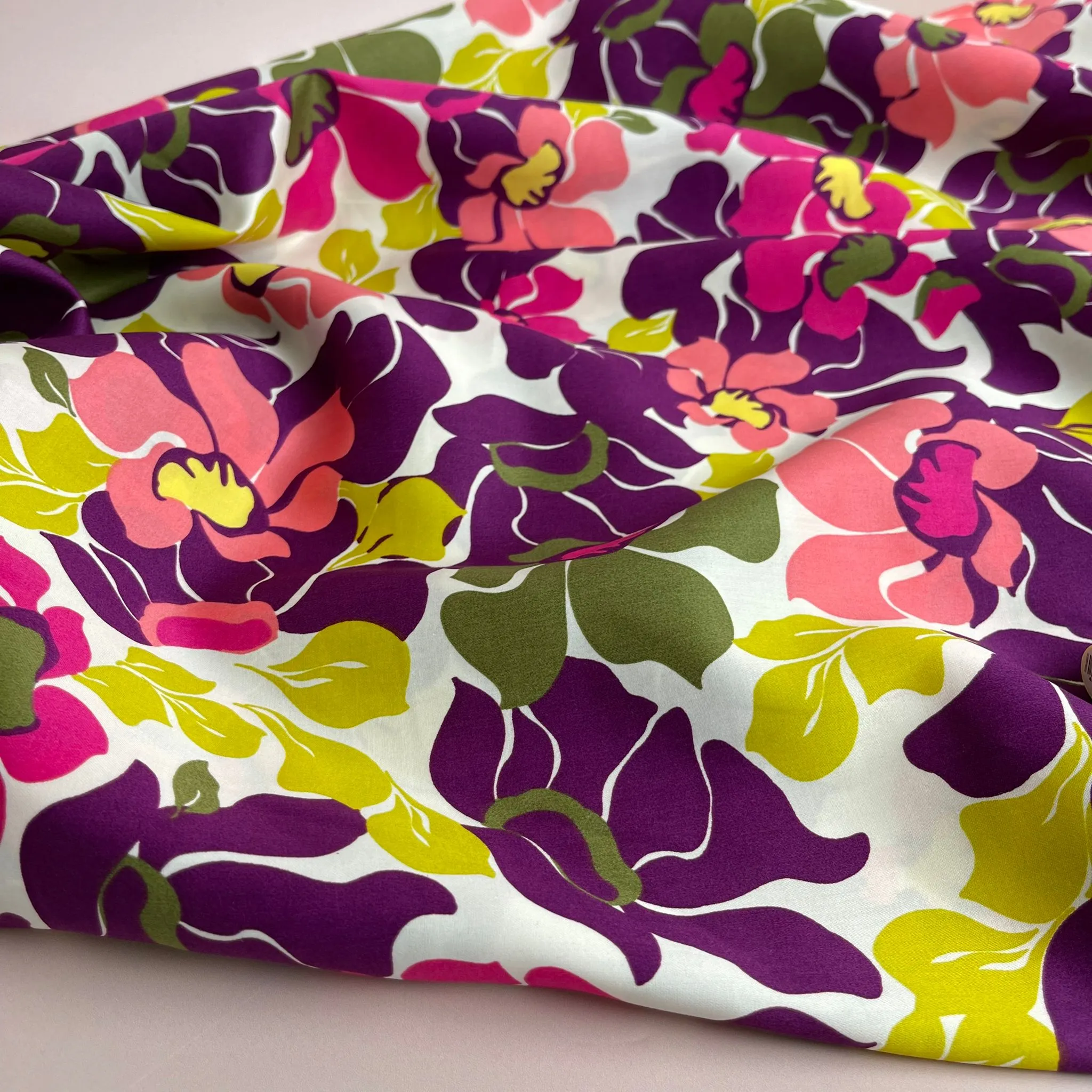 Abstract Green and Purple Blooms Cotton Sateen Fabric