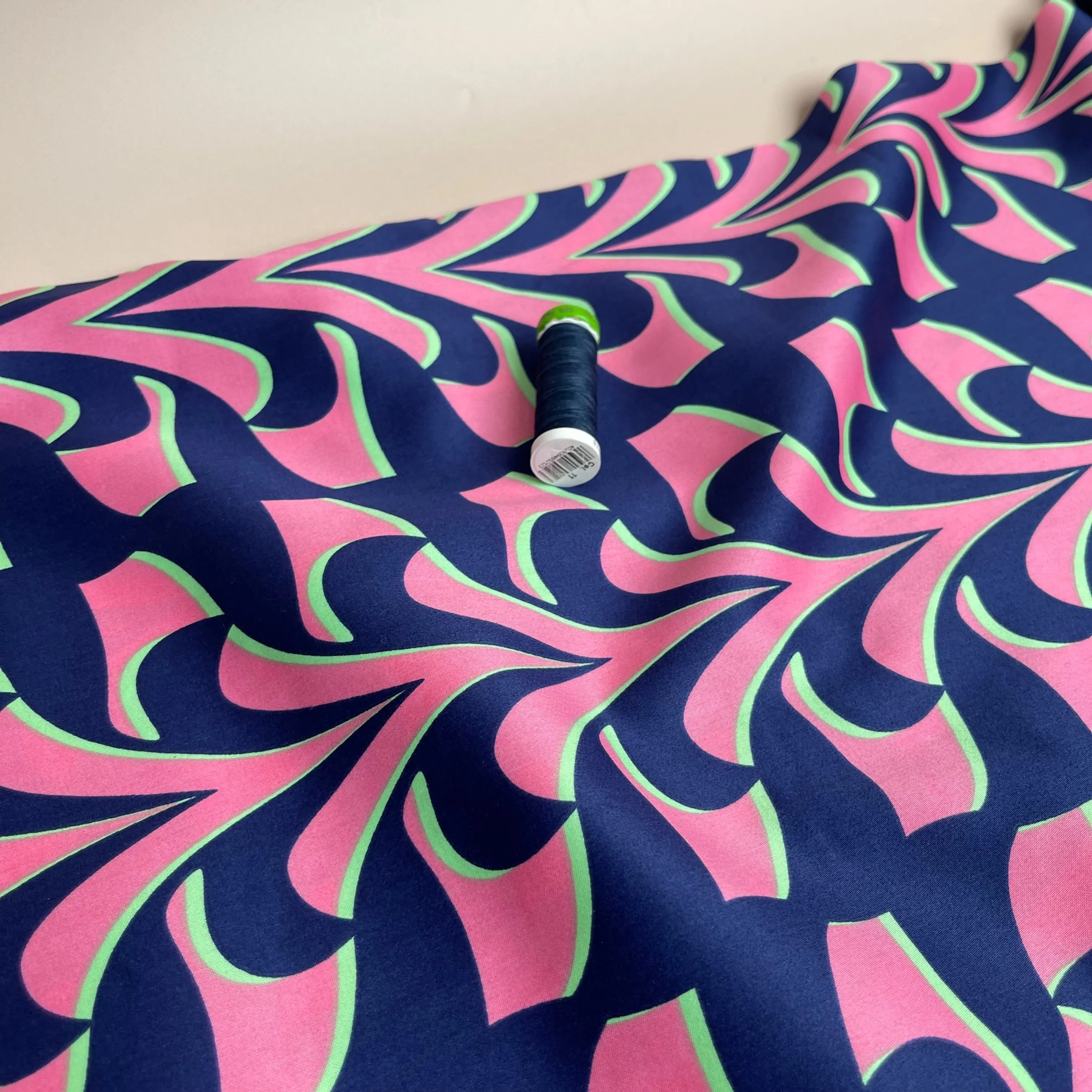 Abstract Navy and Pink Cotton Sateen Fabric