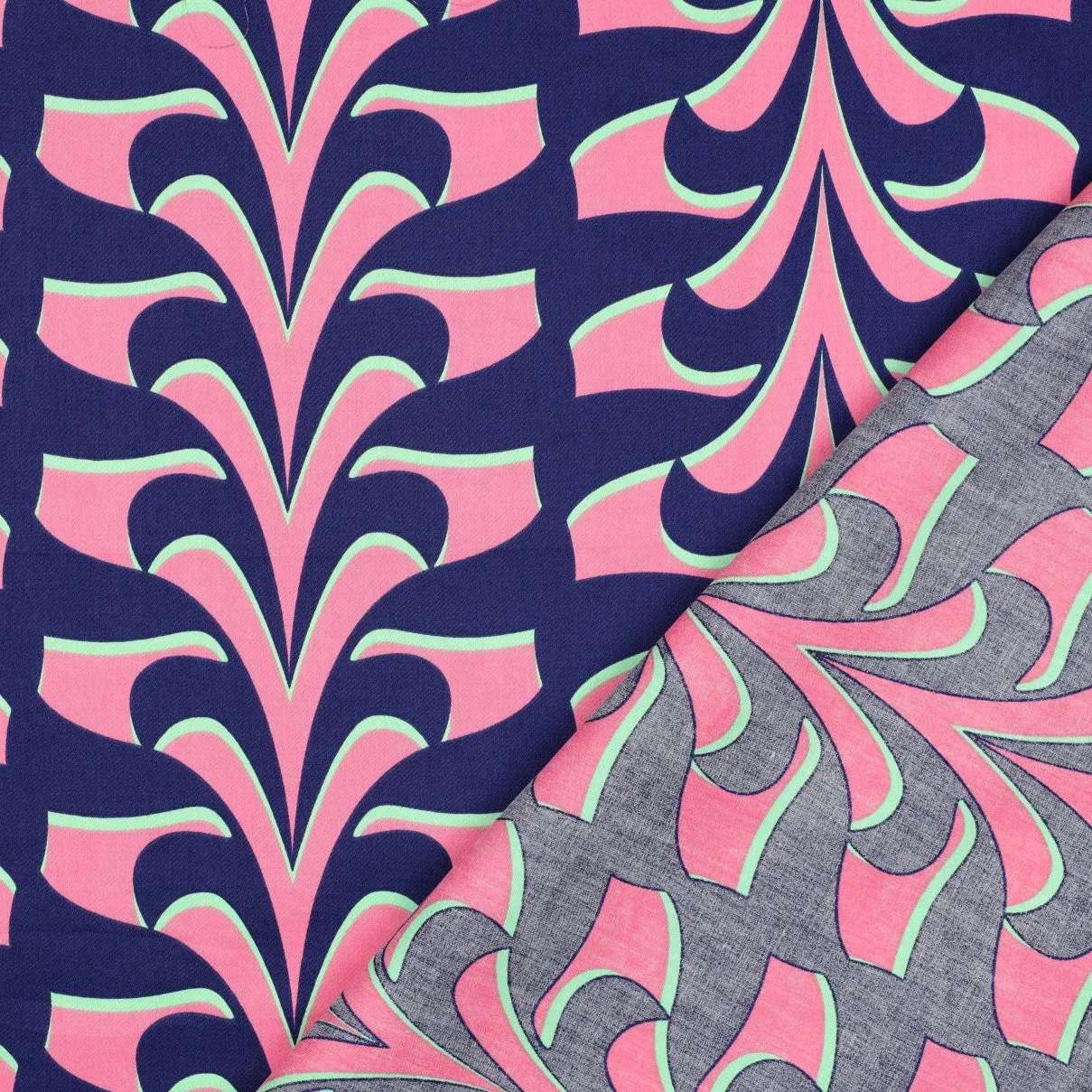 Abstract Navy and Pink Cotton Sateen Fabric