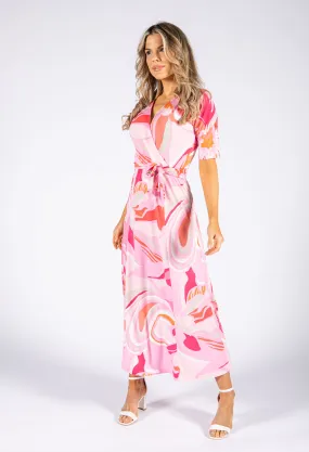 Abstract Print Wrap Style Bodice Dress