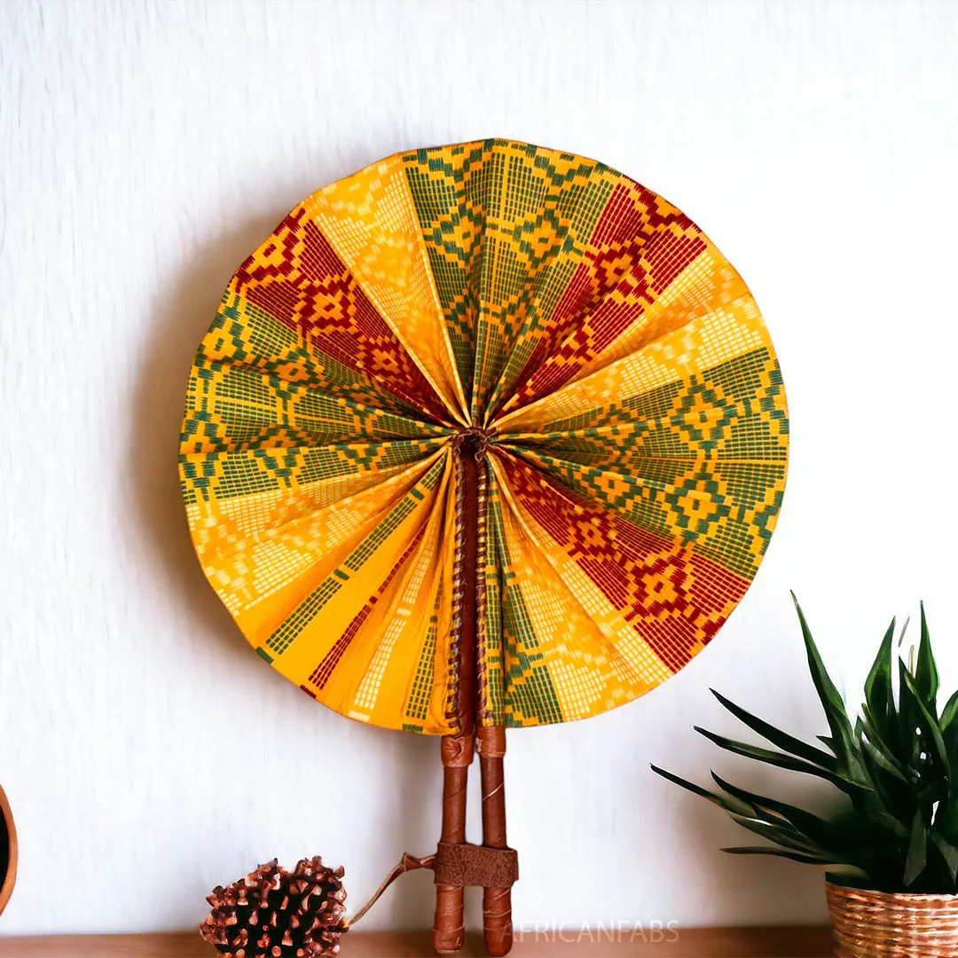 African Hand fan - Ankara print Hand fan - Kofi - Yellow / red