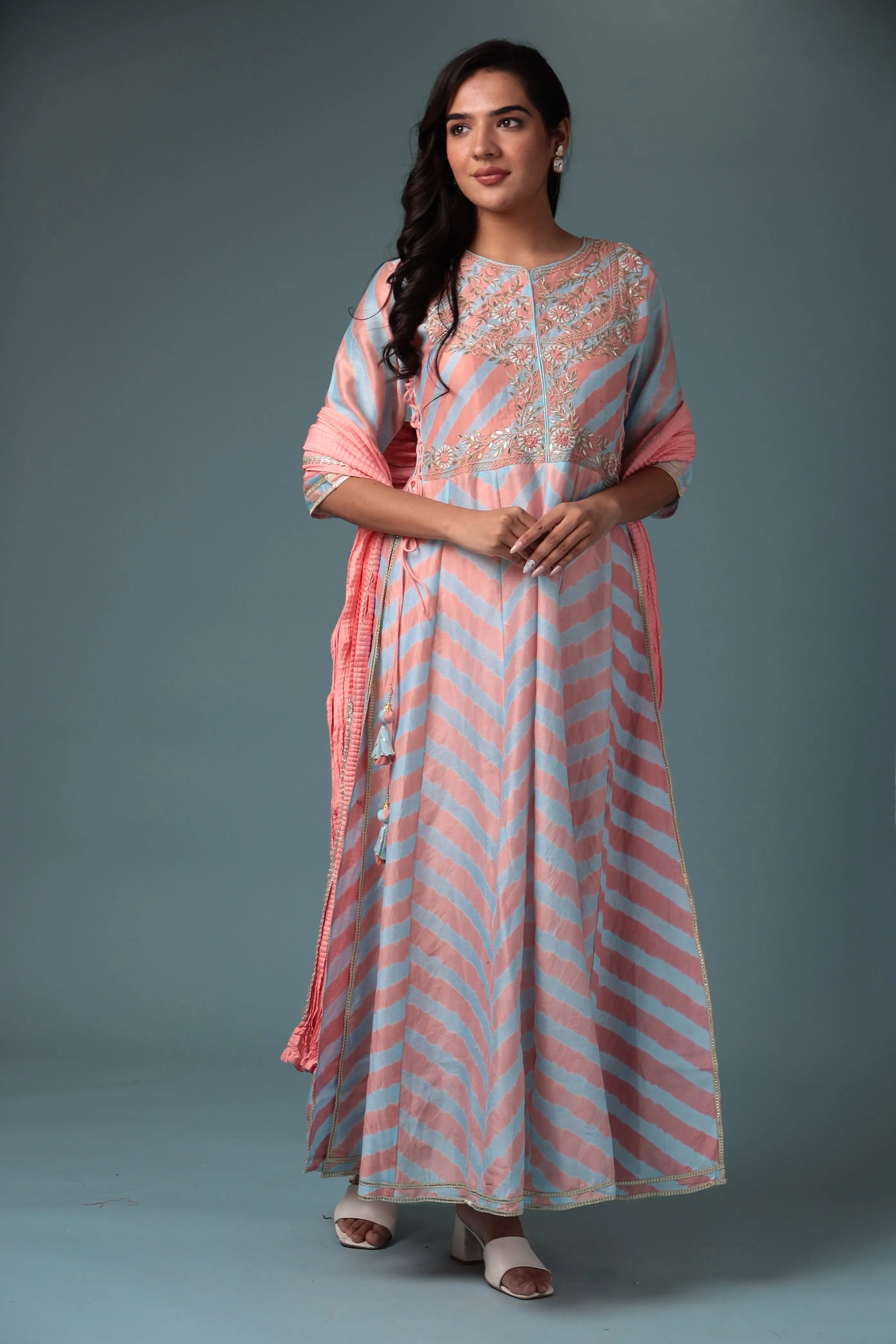 Anarkali Leheriya Chanderi Suit with Gota Patti work.