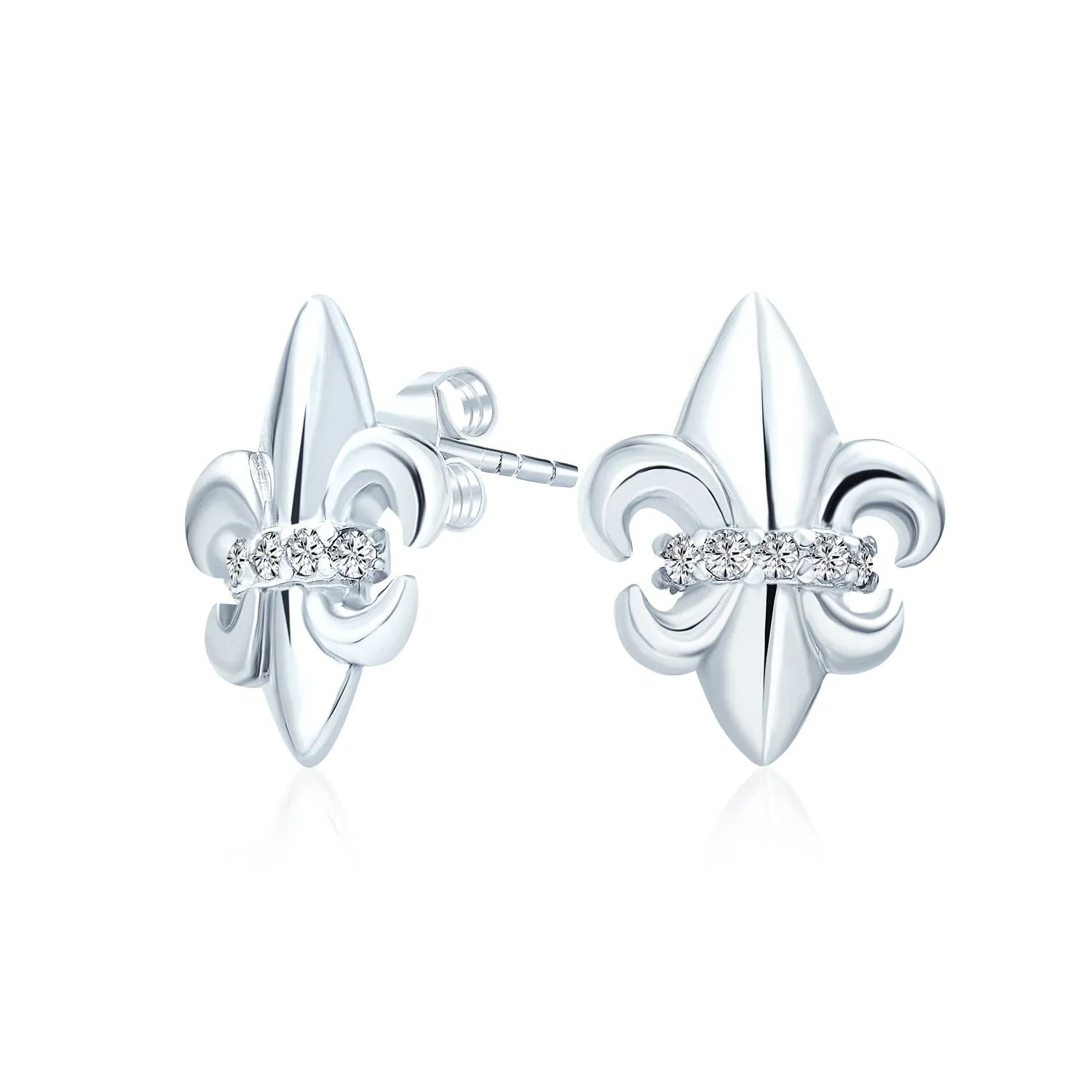 Ancient Symbol Lily Flower Fleur De Lis Stud Earring CZ .925 Sterling Silver