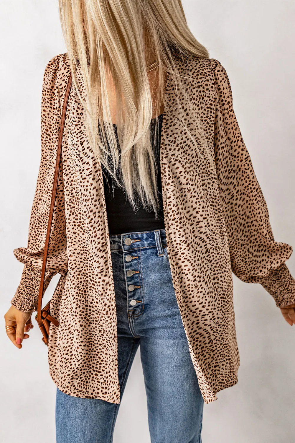 Animal Print Shirred Apricot Cuff Lantern Sleeve Cardigan