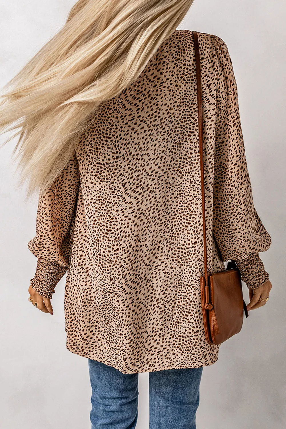 Animal Print Shirred Apricot Cuff Lantern Sleeve Cardigan