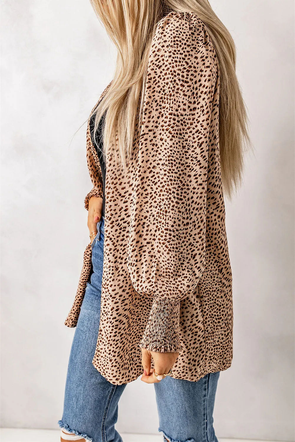 Animal Print Shirred Apricot Cuff Lantern Sleeve Cardigan