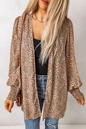 Animal Print Shirred Apricot Cuff Lantern Sleeve Cardigan