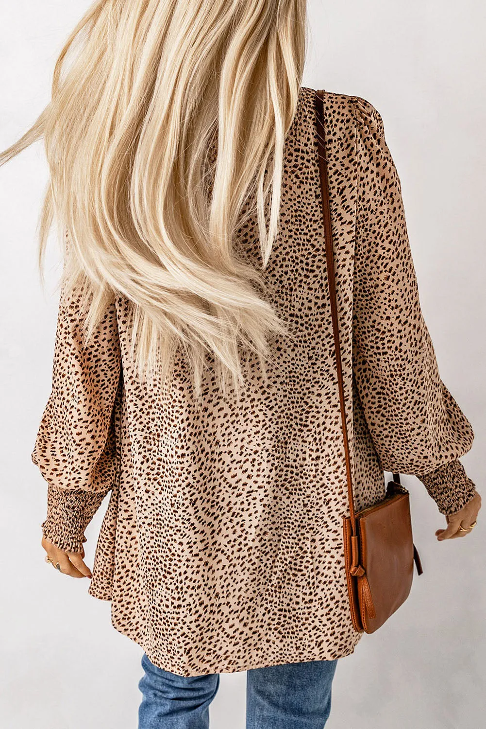 Animal Print Shirred Apricot Cuff Lantern Sleeve Cardigan