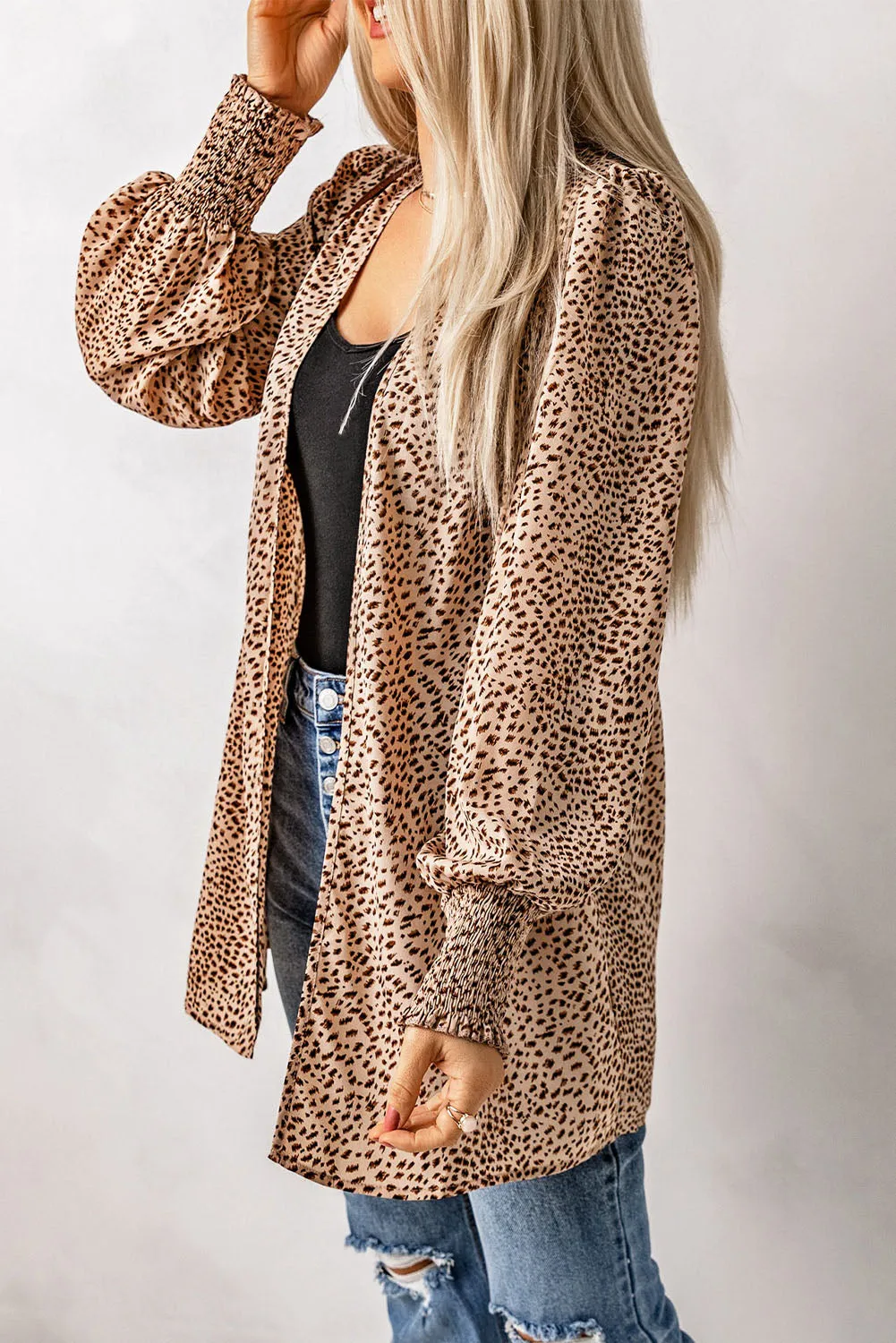 Animal Print Shirred Apricot Cuff Lantern Sleeve Cardigan