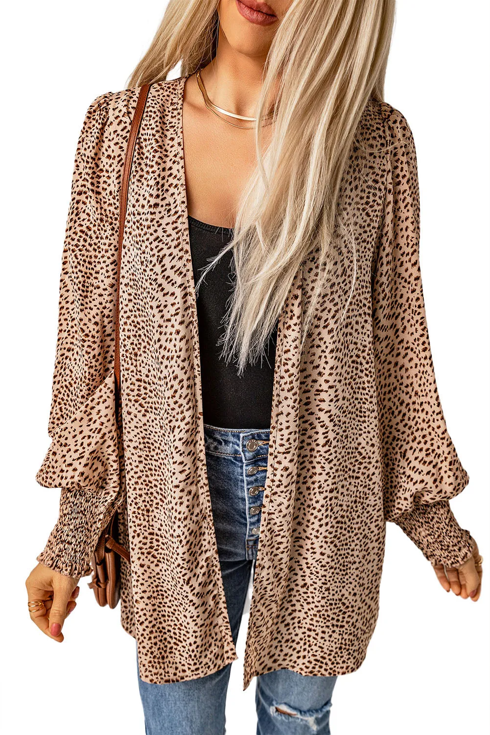 Animal Print Shirred Apricot Cuff Lantern Sleeve Cardigan