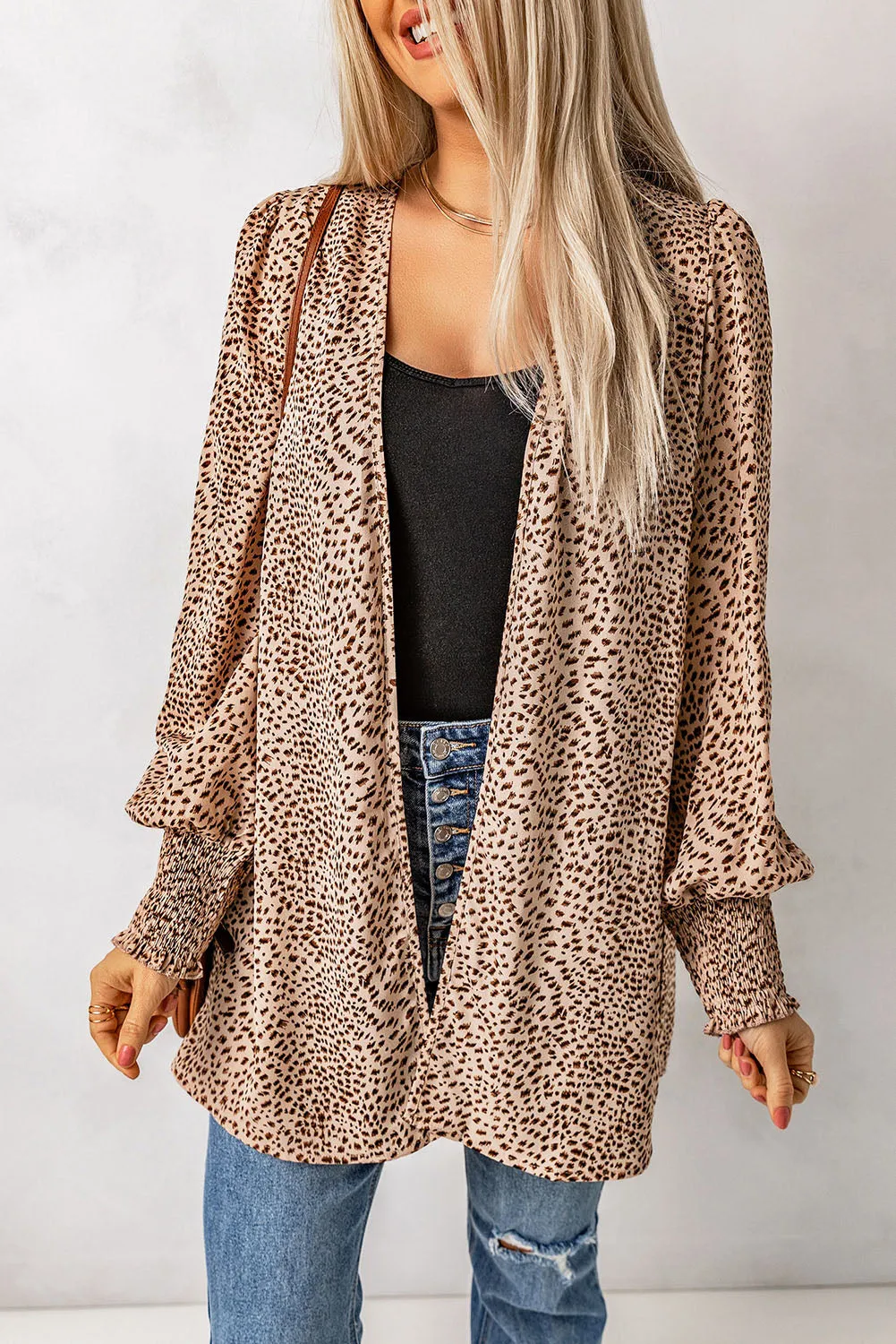 Animal Print Shirred Apricot Cuff Lantern Sleeve Cardigan