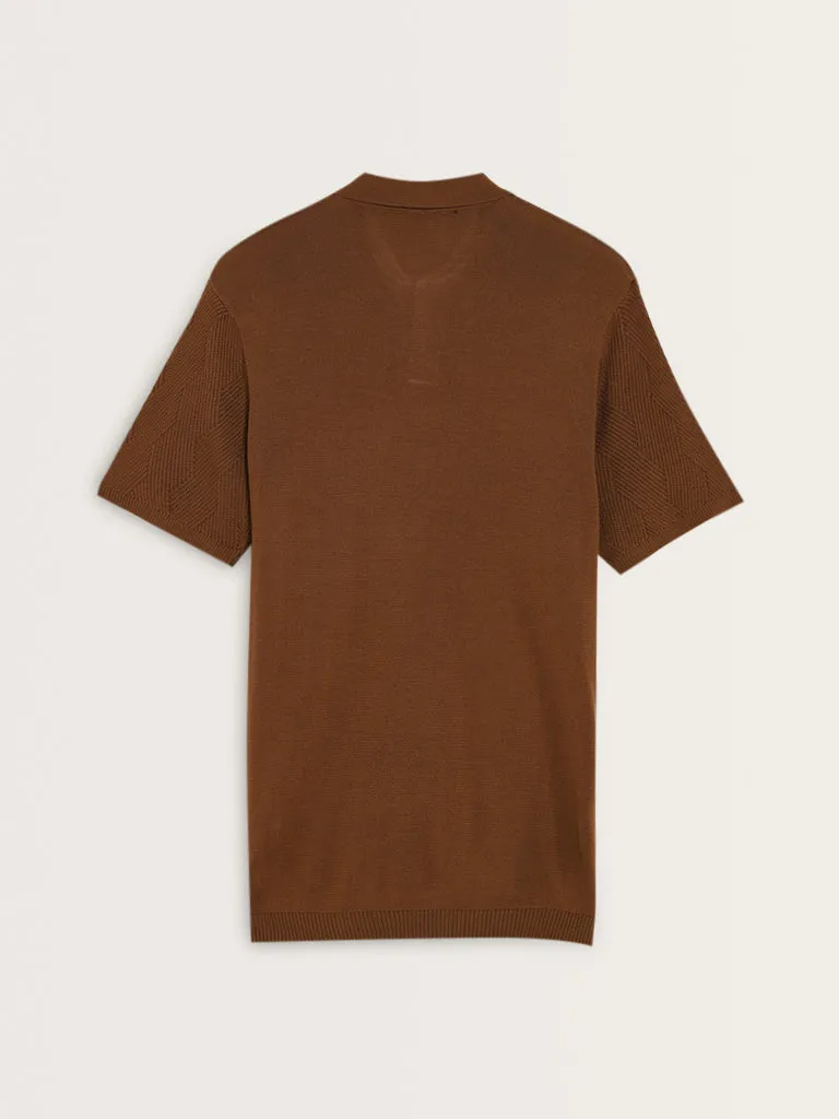 Ascot Tan Knit-Textured Relaxed-Fit Polo T-Shirt