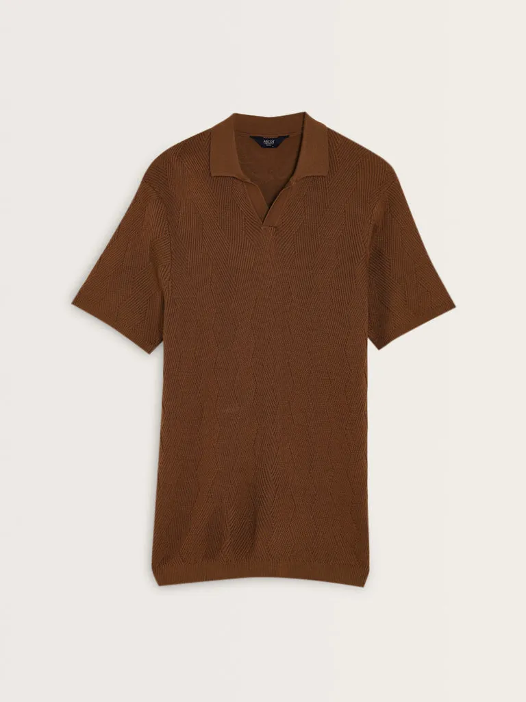 Ascot Tan Knit-Textured Relaxed-Fit Polo T-Shirt