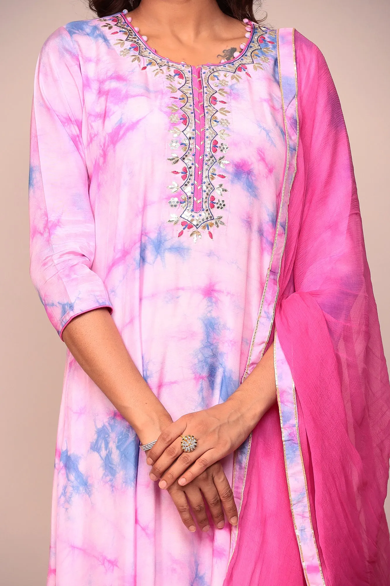 Assymetrical Cut Tie & Dye Silk Kurta Stitched (3Pc) with Gota Patti and Thread Work