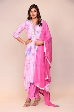 Assymetrical Cut Tie & Dye Silk Kurta Stitched (3Pc) with Gota Patti and Thread Work